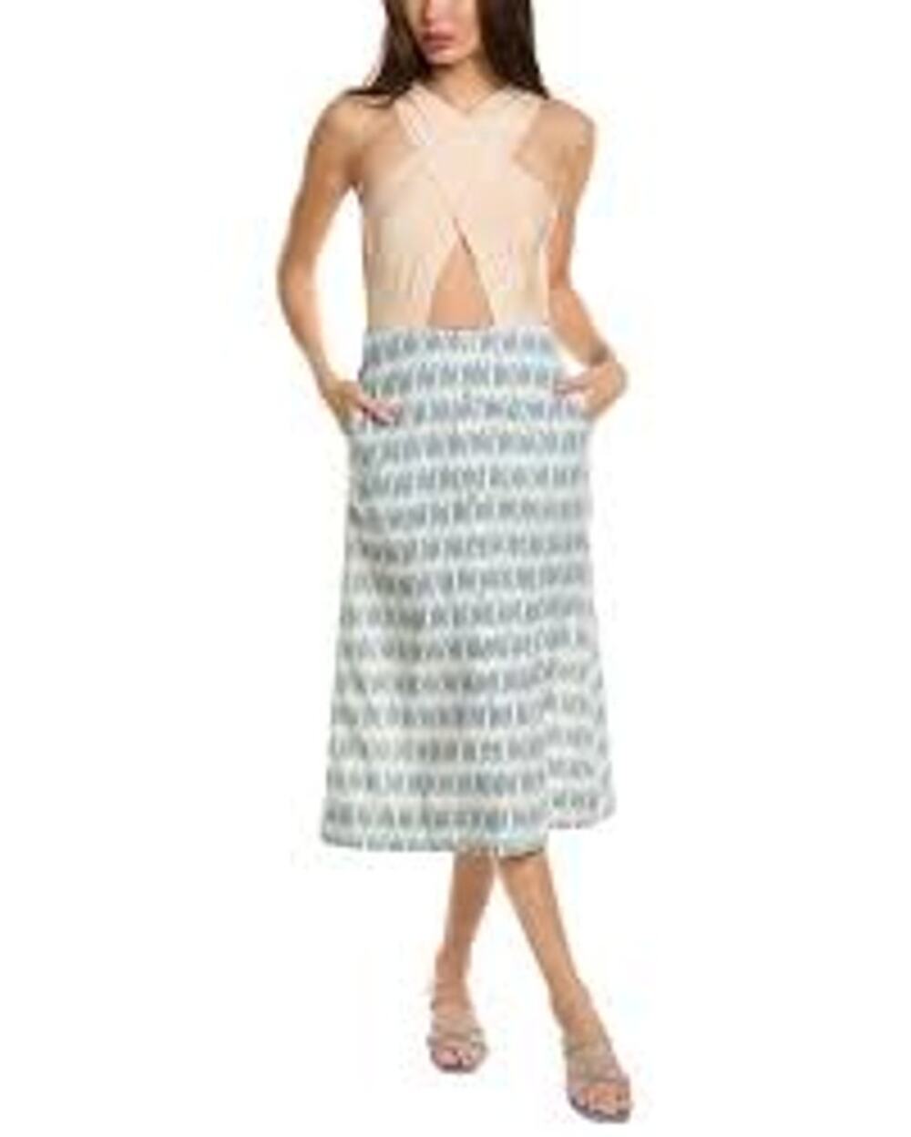 Joie Flippa Geo Print Midi Dress Crisscross Cutout Pockets Blue Peach Sz 4